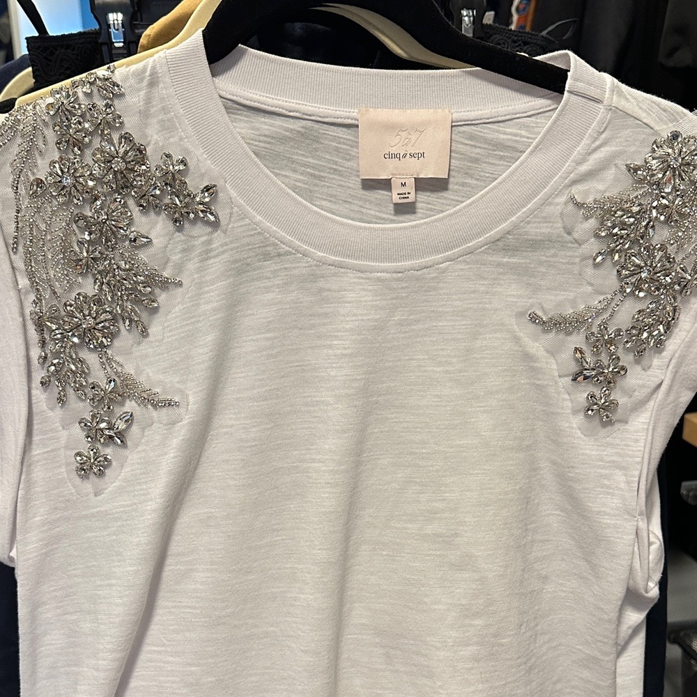 Cinq à Sept White Embellished Short Sleeve Top